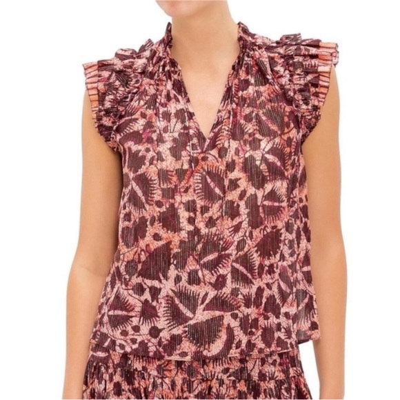 Ulla Johnson Dira Top Bordeaux Metallic Ruffle Size‎ 6 Flutter Sleeve Tassel Tie - Picture 1 of 17